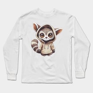 Cartoon Lemur Wearing Hoodie Long Sleeve T-Shirt